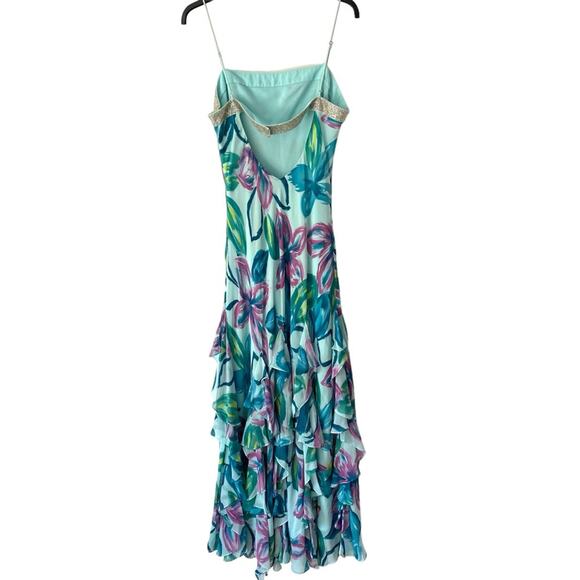 BcbgMaxazria Silk Long Maxi Sequin Blue Watercolor Open Back Dress Gown size 10 - Picture 4 of 9